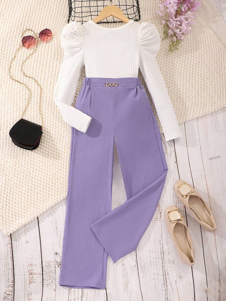 SHEIN Cô gái Tween Ngắn tay Khối màu Áo thun Và Quần Chạy bộ Bộ - trắng - Xem 1