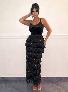 SHEIN SXY new years dress Layered Fringe Trim Cami - Black - View 3