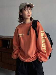 FRIFUL Sudadera con estampado de eslogan, mangas raglán para mujer, estilo retro 087005421 Equilibrio trabajo-vida, SIGUE SONRIENDO, ESTILO VINTAGE, Tops de manga larga