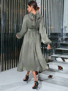 GENKIRA Mock Neck Lantern Sleeve Dress Without Belt - Army Green - View 2