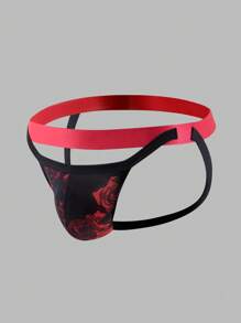 Men's Floral Print Hollow Out Thong Sexy Underwear - Black - View 1