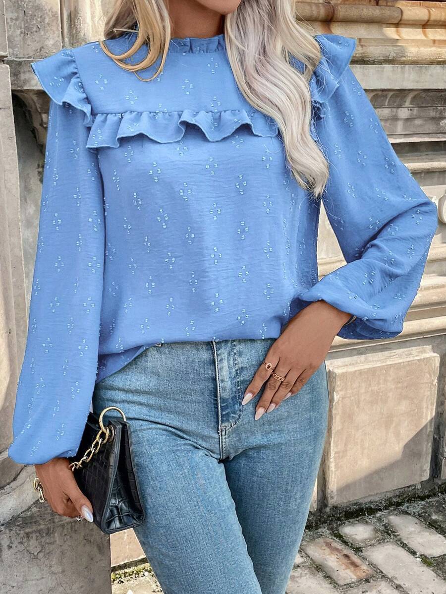 SHEIN Frenchy Của phụ nữ Ruffled Tay áo lồng đèn Áo sơ mi - Màu xanh nhạt - Xem 1