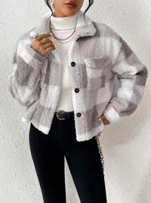 Chiquease 休闲格纹翻盖口袋羊毛夹克，秋冬 - 灰色 - 查看 6