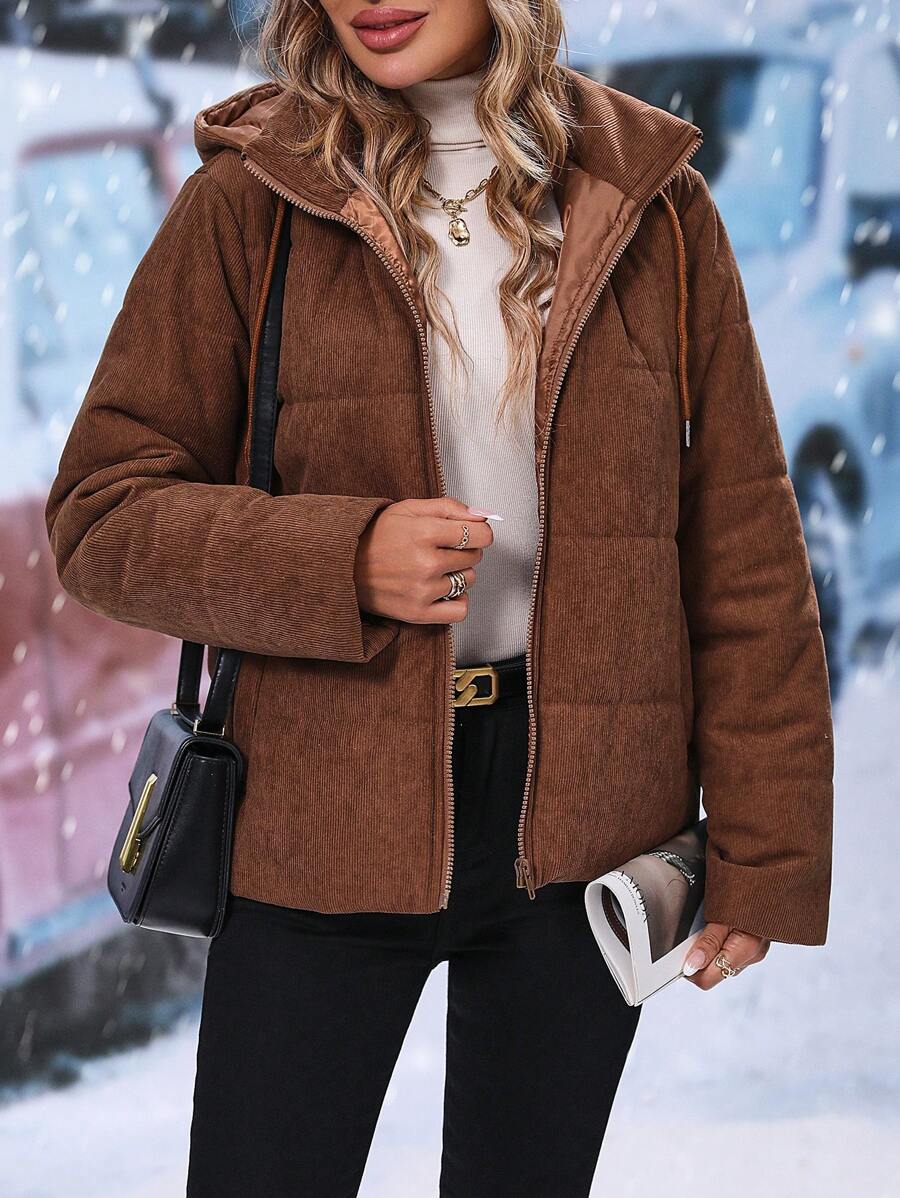 SHEIN LUNE Zipper & Drawstring Hooded Padded Padded Coat Clothes Winter - Brown - View 1