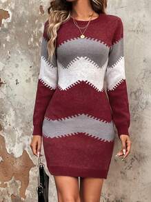 SHEIN LUNE Của phụ nữ Zigzag Pattern Áo len dệt kim Đầm - Đỏ - Xem 4