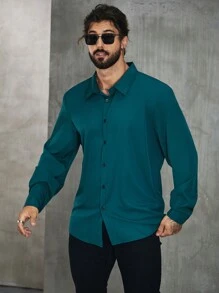 Manfinity Homme Men Plus Solid Button Up Shirt, Plain Urban Long Sleeve Collar Regular Shirt - Green - View 6