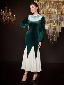 Modelyn Women's Pearl Decorated Velvet Colorblock Dress - Multicolor - View 4