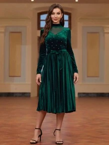 SHEIN Clasi Của phụ nữ Lưới Sợi & Trân châu & Viền xếp & Váy có thắt lưng - màu xanh lá - Xem 4