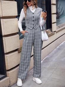 SHEIN Frenchy 格紋印花馬甲和褲子不帶T恤 - 灰色 - 查看 3