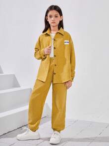 SHEIN 少女字母拼接抽肩灰絨衫和褲子 - 黃色 - 查看 5