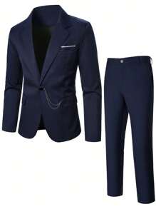 Manfinity Mode Men Lapel Neck Single Button Blazer & Suit Pants - Navy Blue - View 2
