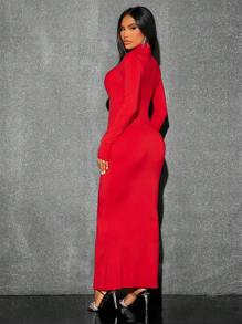 SHEIN SXY 女士立領緊身洋裝,局部褶皺和人魚下擺 - 紅色 - 查看 2
