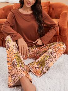 Solid Tee & Tropical Print Pants PJ Set - Multicolor - View 1