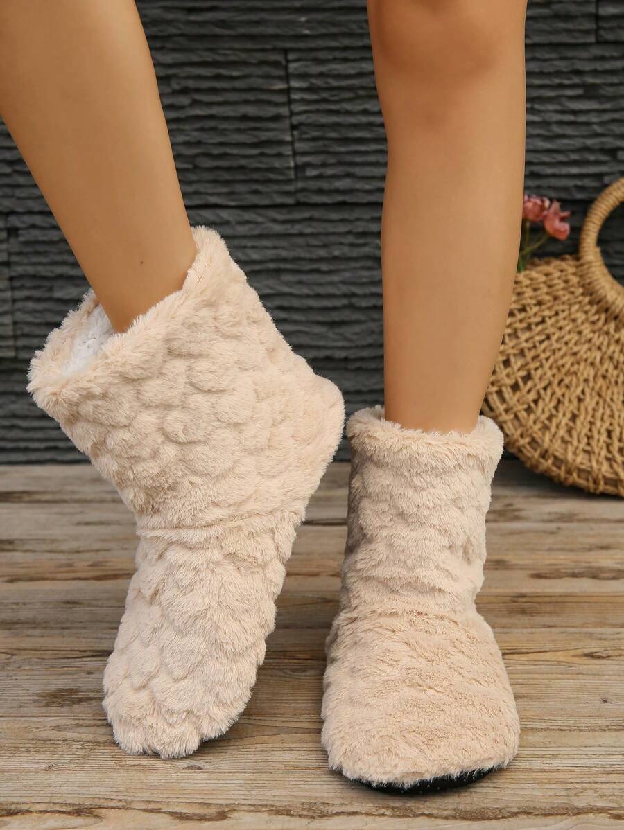 新款秋冬平底毛绒室内短靴，时尚静音防滑休闲男女通用家居拖鞋，毛茸茸的鞋子 - 駝色 - 查看 1