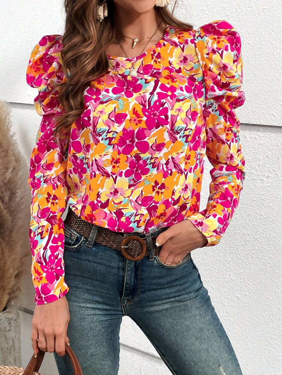 SHEIN VCAY Floral Print Gigot Sleeve Blouse - Multicolor - View 1