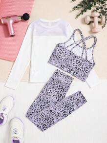 SHEIN 女童豹紋交叉背運動t恤&緊身褲&t恤 - 彩色 - 查看 2