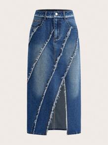 SHEIN MOD 女式磨邊開衩下擺牛仔裙 - 中等水洗藍 - 查看 2