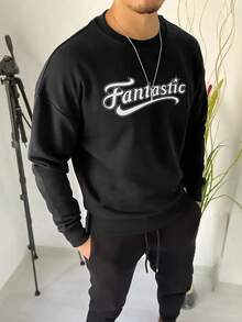 Manfinity Hypemode Hombres talla grande Sudadera con estampado de letra de hombros caídos - Negro - Ver 3