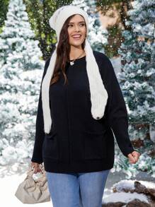 SHEIN LUNE Plus Drop Shoulder Pocket Patched Sweater - Black - View 3