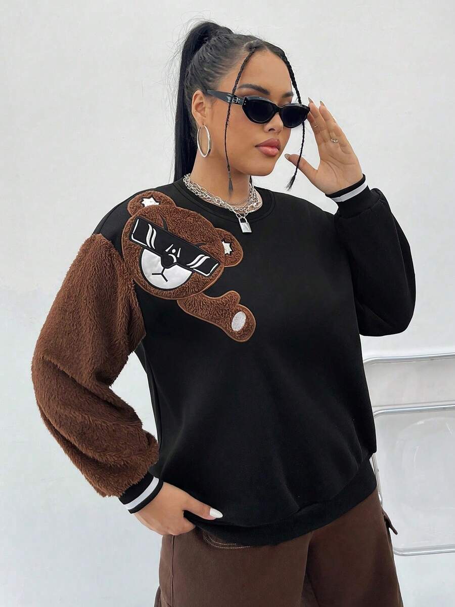 SHEIN Coolane Hơn Thêu Gấu Sọc trang trí Thả vai Áo nỉ - màu đen - Xem 1