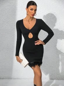 SHEIN Unity Cut Out Front Fuzzy Trim Bodycon Sweater Dress Fall Cloth For Women - Black - View 4