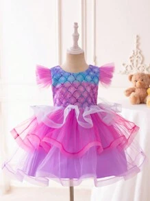Young Girl Fish Scales Print Ruffle Trim Party Dress - Multicolor - View 1