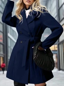 SHEIN LUNE Plus Size Turn Down Collar Double Breasted Coat With Belt - Navy Blue - View 1