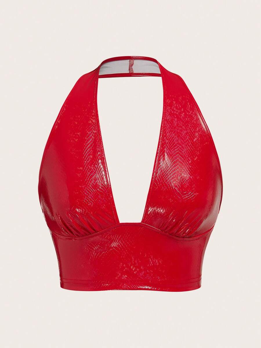SHEIN ICON Snakeskin Print PU Leather Halter Top - Red - View 1