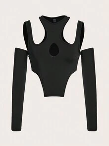 SHEIN ICON 挖肩鏤空不對稱下擺短款上衣 - 黑色 - 查看 2