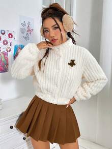SHEIN EZwear 女款卡通刺繡紐扣毛絨夾克 - 白色 - 查看 4