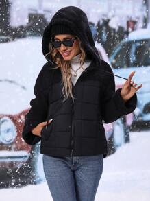 SHEIN LUNE Teddy Panel Drop Shoulder Drawstring Hooded Zipper Padded Padded Coat Clothes Winter - Black - View 4