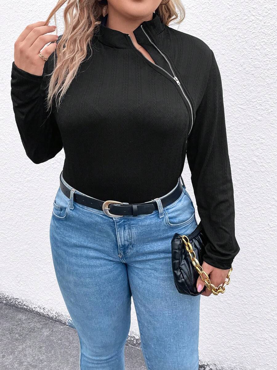 SHEIN LUNE 加大碼女士拉鍊立領t恤 - 黑色 - 查看 1