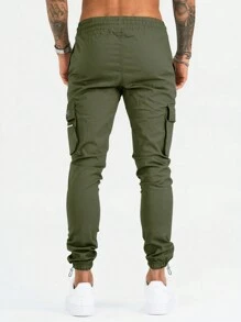Manfinity Homme Loose Fit Men's Letter Detail Patched Cargo Pants With Flap Pockets, For Fall - Army Green - View 2