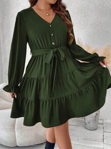 SHEIN Franclia Vestido Con Vuelo Y Dobladillo Con Volantes De Talla Grande - Verde militar - Ver 3