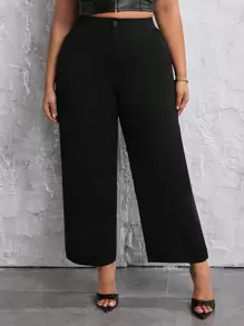 SHEIN SXY 大尺碼純色寬褲 - 黑色 - 查看 1