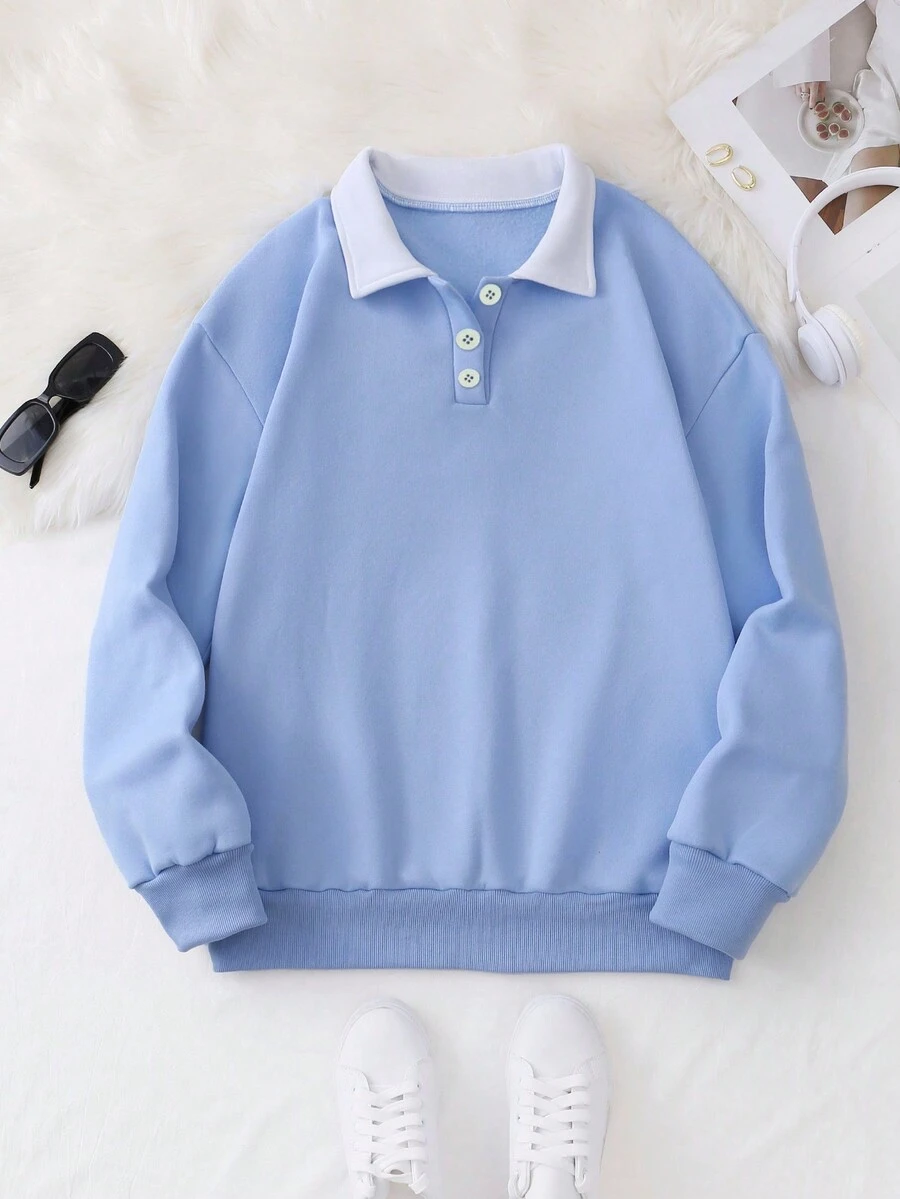 SHEIN EZwear Áo thun cổ polo màu khối - Màu xanh lam - Xem 1