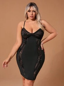 Shein Sxy大尺碼女士拼接蕾絲細肩中長禮服性感派對情人節服飾 - 彩色 - 查看 4