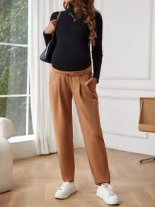 SHEIN Maternity Fold Pleated Adjustable Waist Pants - Apricot - View 3