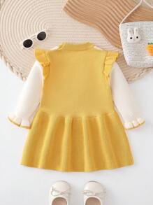 Baby Girl Two Tone Ruffle Trim Flounce Sleeve Sweater Dress - Yellow - View 2