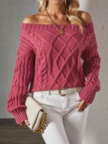 SHEIN Essnce Round Neck Drop Shoulder Loose Fit Sweater Pullover - Rose Red - View 6