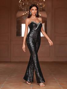 Rhinestone Chi tiết Kim sa Ống Buổi tiệc Áo liền quần - màu đen - Xem 6