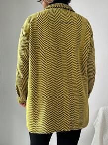 RueChic Plus Herringbone Print Drop Shoulder Coat - Mustard Yellow - View 2