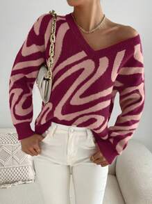 SHEIN Essnce Allover Pattern Drop Shoulder Sweater - Rose Red - View 6