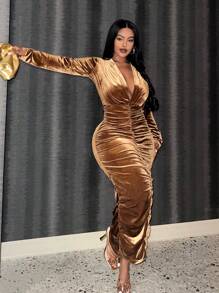 Slaydiva Vestido ajustado fruncido de escote pronunciado talla grande, para invierno - Caqui - Ver 5