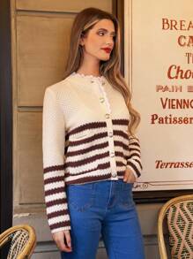 SHEIN Frenchy Women's Patchwork Hollow Out Embroidered Striped Button Down Cardigan - Multicolor - View 5