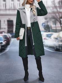 SHEIN LUNE Contrast Color Cinched Waist Padded Padded Coat Clothes Winter - Dark Green - View 4