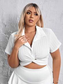 SHEIN SXY Plus Twist Front Crop Blouse - White - View 6