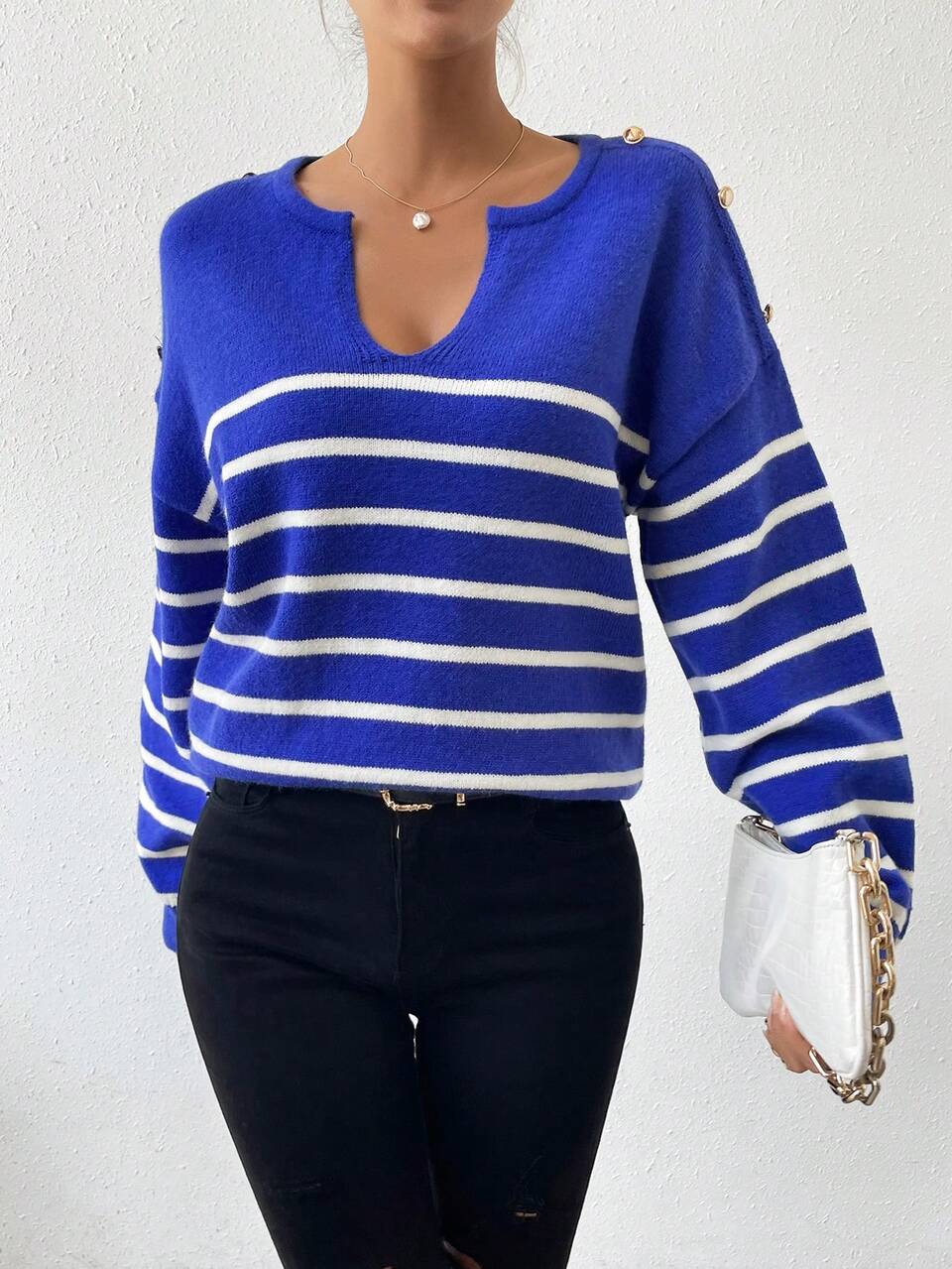 Striped Pattern Notched Neckline Button Detail Drop Shoulder Knit Pullover Fall Winter Sweater