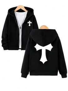 SHEIN Boys' Printed Zip-Up Hoodie - Black - View 1