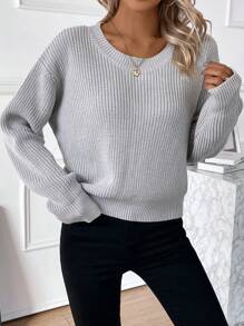 SHEIN Clasi Women's Back Bow-Knot Knit Pullover Fall Winter Sweater - Grey - View 4